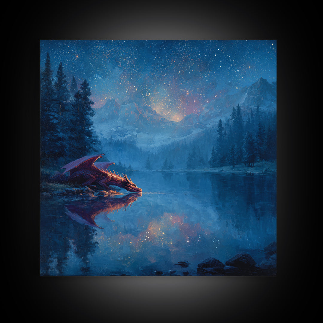 Starlit Dragon Lake Fantasy Wall Art, Blue Mountain Canvas Print, Celestial Nursery Decor, Magical Kids Room Art Gift For Dragon Lovers