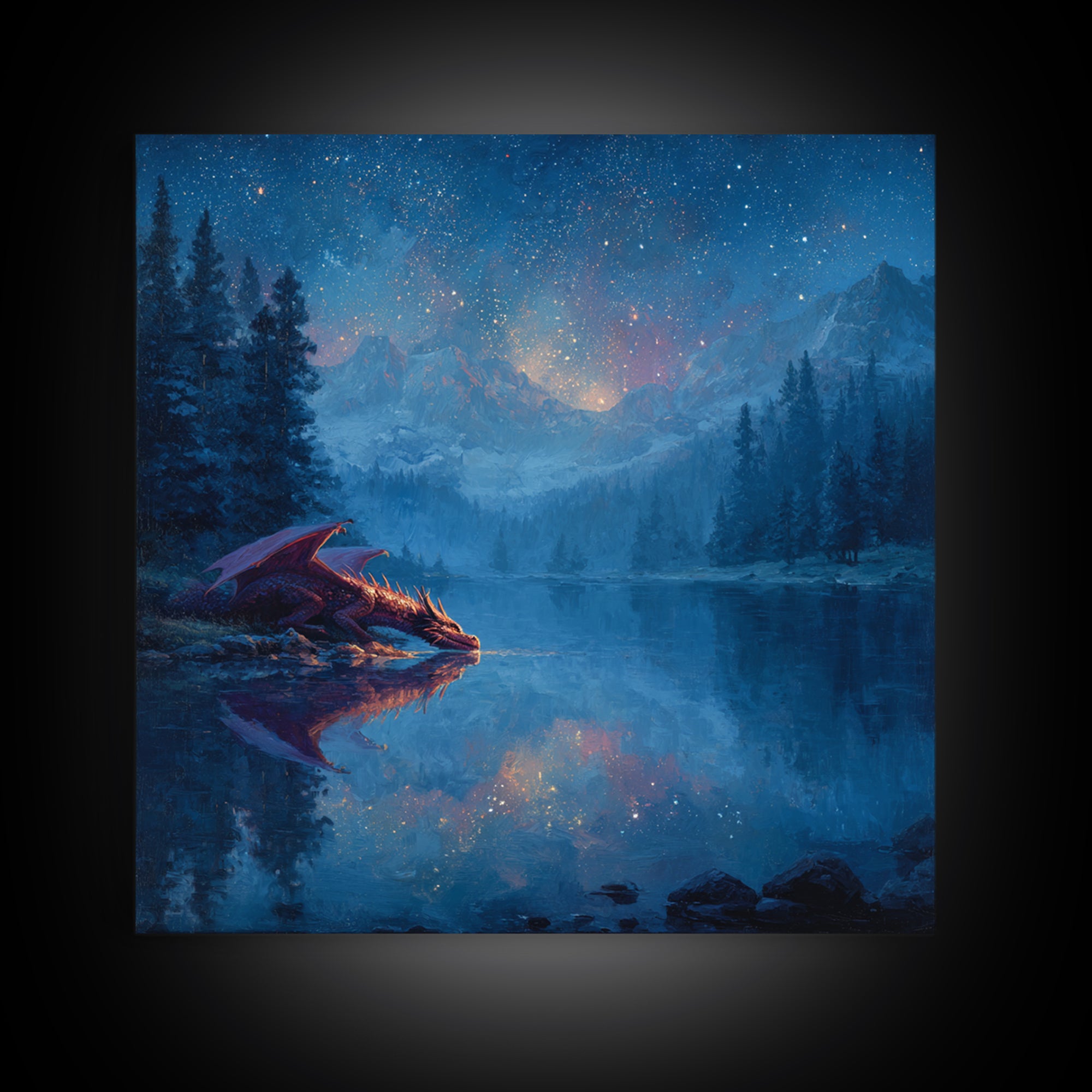 Starlit Dragon Lake Fantasy Wall Art, Blue Mountain Canvas Print, Celestial Nursery Decor, Magical Kids Room Art Gift For Dragon Lovers