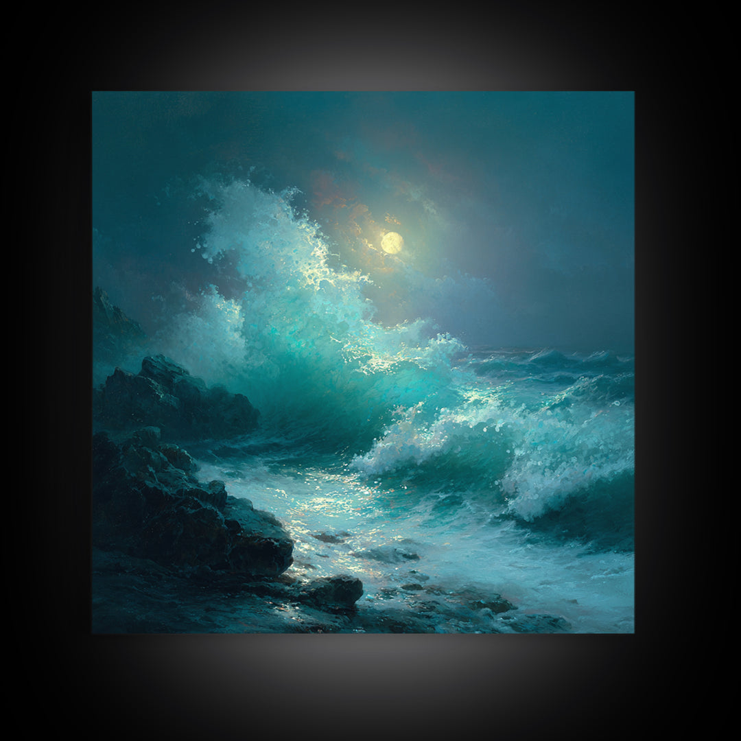 Moonlit Turquoise Wave Seascape Wall Art, Ocean Canvas Print, Coastal Bathroom Decor, Nautical Living Room Art Gift For Beach House