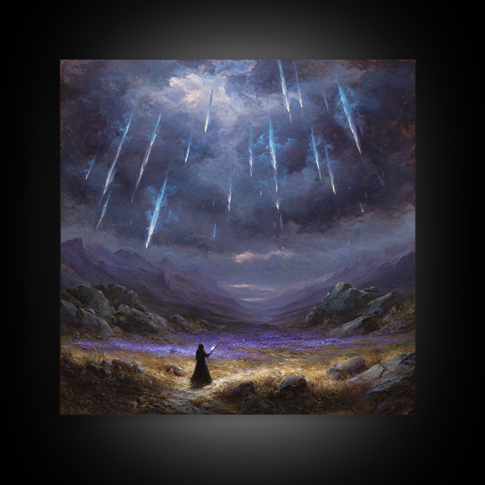 Icy Meteor Valley Wizard Wall Art, Dark Fantasy Framed Canvas Print, Mountain Landscape Decor, Gothic Office Art Gift For Him