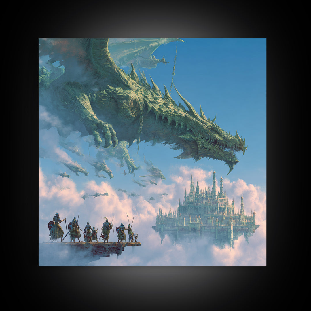 Giant Dragon Over Sky Castle Wall Art, Epic Fantasy Canvas Print, Floating Kingdom Decor, Gaming Room Statement Artwork Gift
