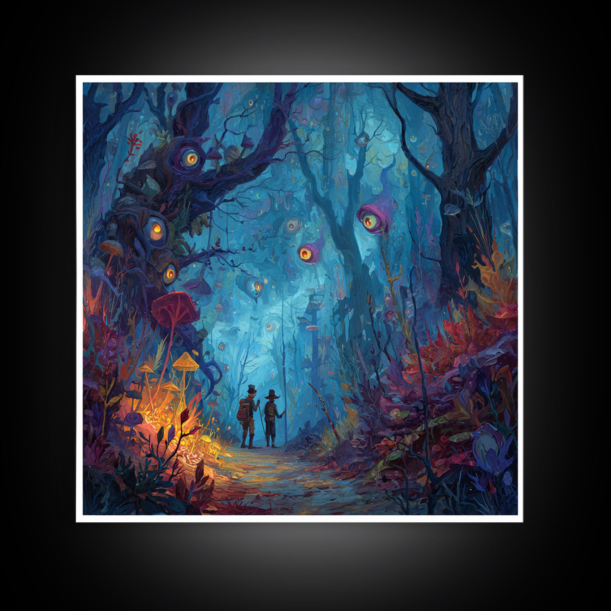 Glowing Eyed Enchanted Forest Wall Art, Whimsical Fantasy Canvas Print, Mushroom Kids Room Decor, Magical Nursery Gift For Her