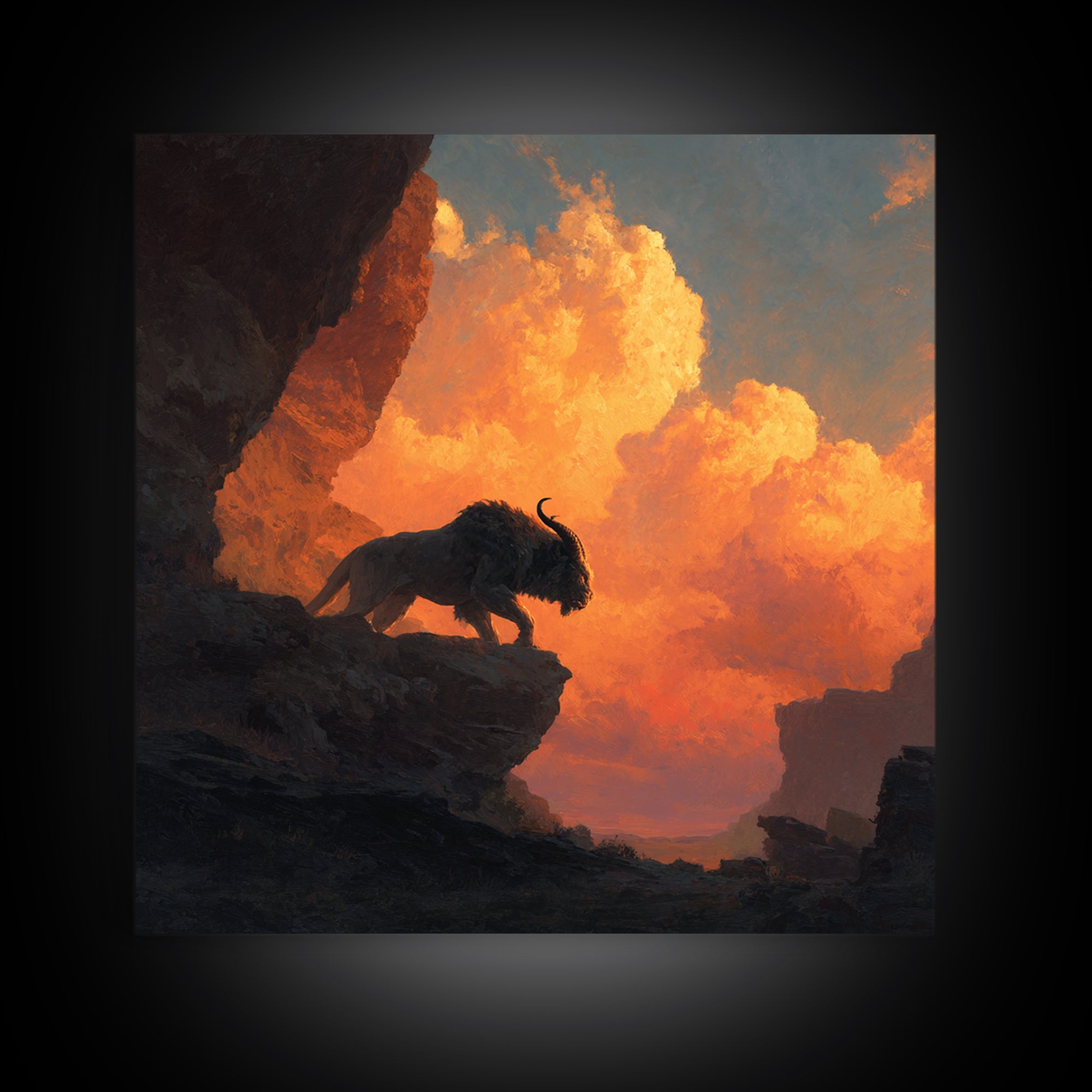 Cave Bison Sunset Canyon Wall Art, Southwestern Wildlife Canvas Print, Rustic Western Decor, Buffalo Landscape Art Gift For Him