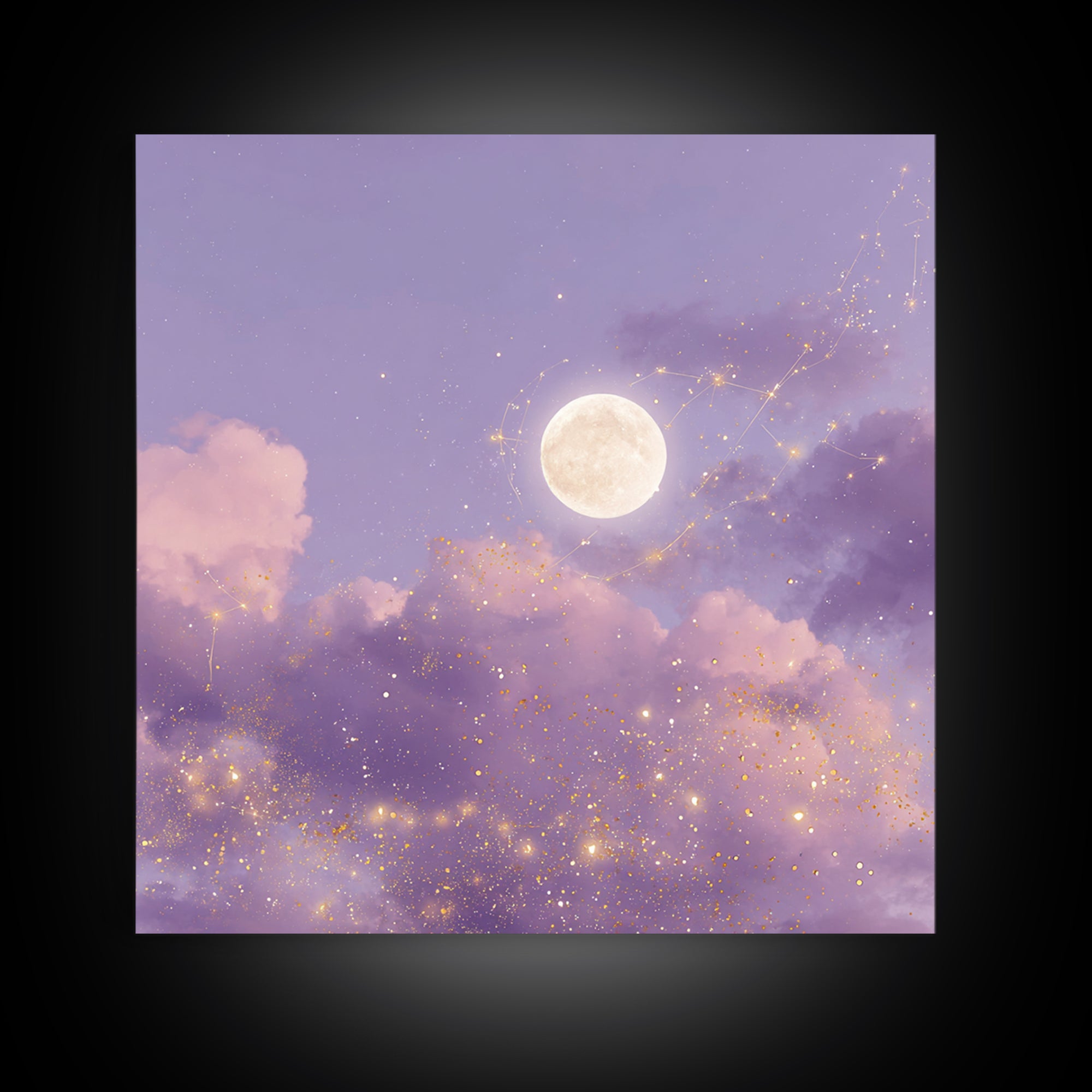 Full Moon With Golden Constellations Wall Art, Celestial Canvas Print, Purple Cloud Decor, Mystical Bedroom Gift For Her