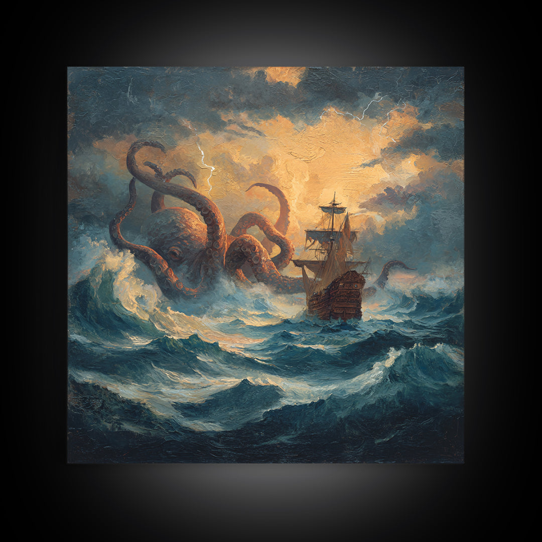 Storm Kraken And Tall Ship In Tempest Seas Canvas Print, Nautical Fantasy Wall Art, Ocean Monster Decor, Gift For Him, Coastal Home Decor