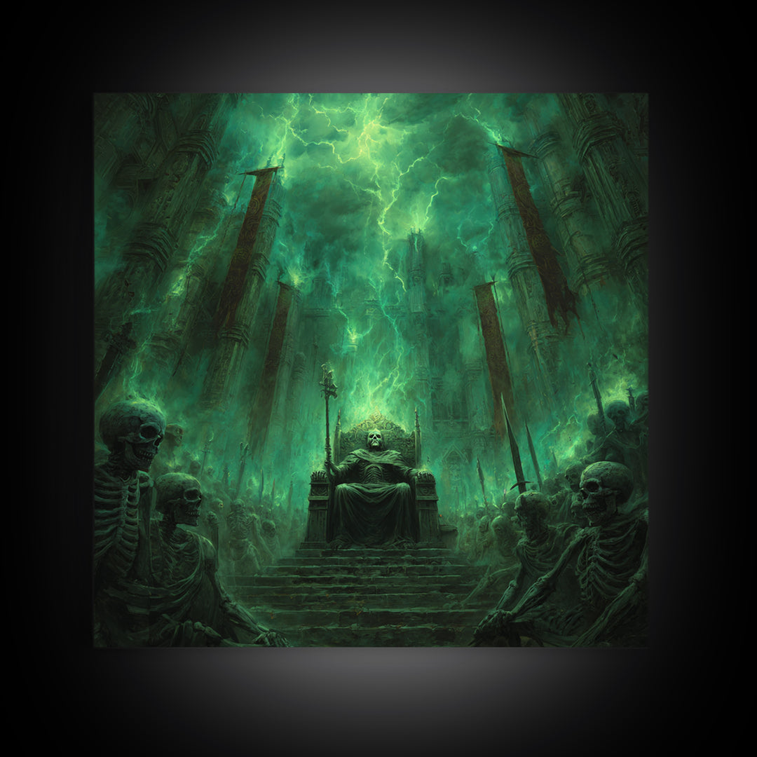 Emerald Necromancer Throne With Skeleton Army Framed Canvas Print, Gothic Wall Art, Dark Fantasy Decor, Occult Office Art