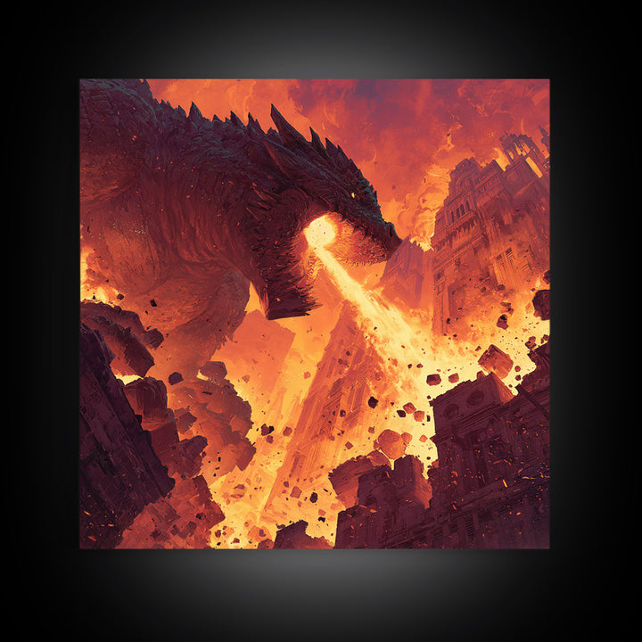 Fire Breathing Dragon Over Ruined City Canvas Print, Epic Fantasy Wall Art, Dystopian Decor, Gaming Room Statement Art, Gift For Him