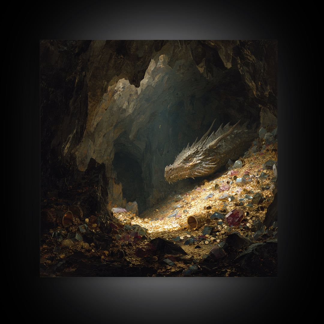 Sleeping Dragon On Glittering Treasure Hoard Canvas Print, Fantasy Wall Art, Cave Decor, Mythical Creature Gift For Him, Unique Home Decor