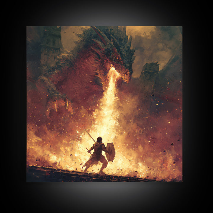 Warrior Facing Fire Breathing Dragon Framed Canvas Print, Epic Fantasy Wall Art, Hero Battle Decor, Gaming Room Gift For Him, Large Art