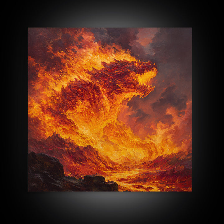 Blazing Fire Dragon Rising From Lava Canvas Print, Fantasy Wall Art, Orange Statement Artwork, Dark Fantasy Home Decor, Gift For Him