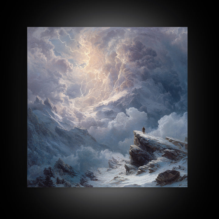 Lone Explorer On Snowy Mountain Storm Canvas Print, Winter Landscape Wall Art, Moody Nature Decor, Adventure Gift For Him