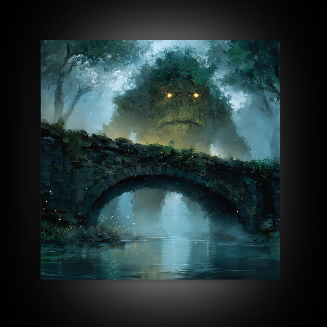 Mossy Forest Giant Above Stone Bridge Framed Canvas Print, Whimsical Fantasy Wall Art, Nature Decor, Cozy Gift For Her, Woodland Home Decor