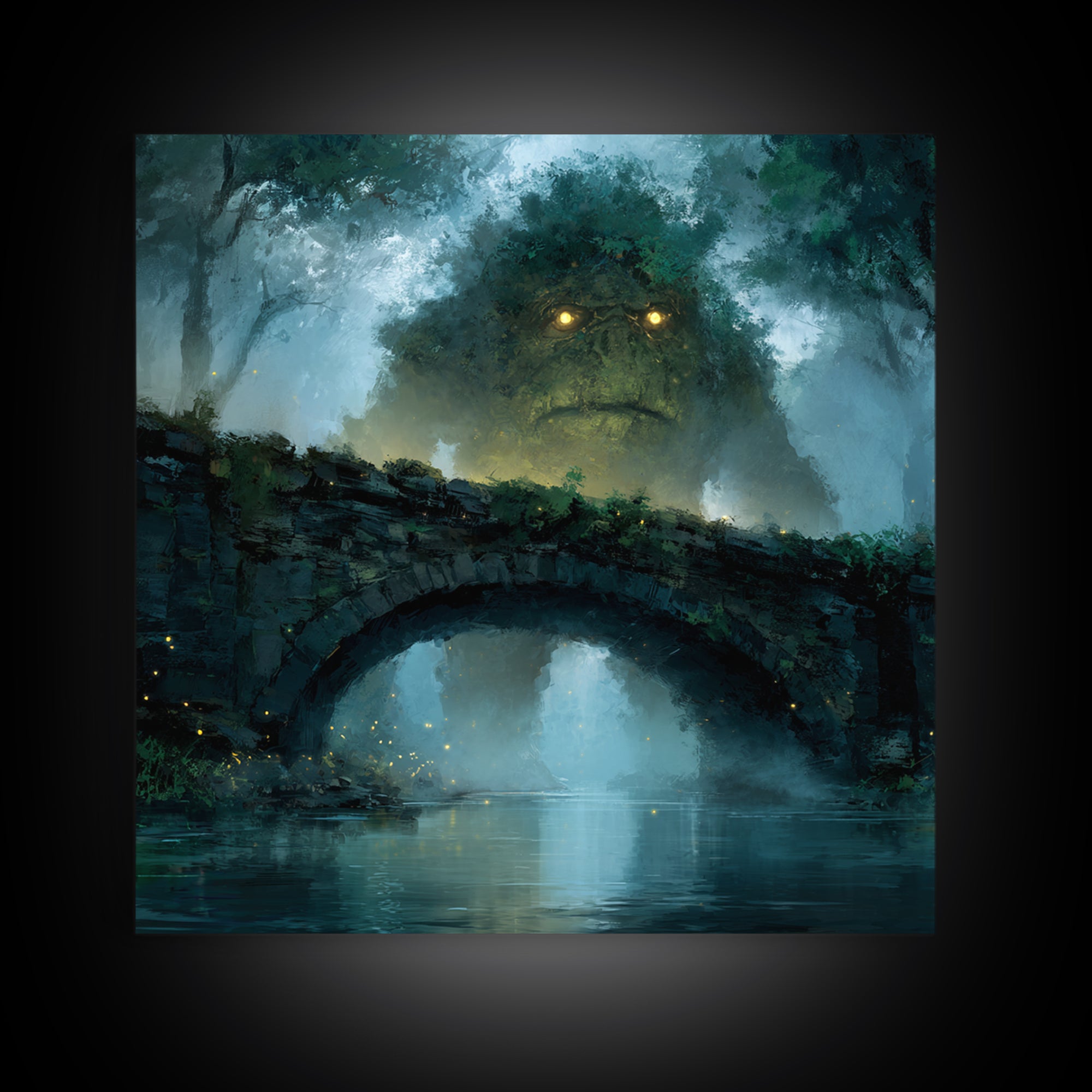 Mossy Forest Giant Above Stone Bridge Framed Canvas Print, Whimsical Fantasy Wall Art, Nature Decor, Cozy Gift For Her, Woodland Home Decor