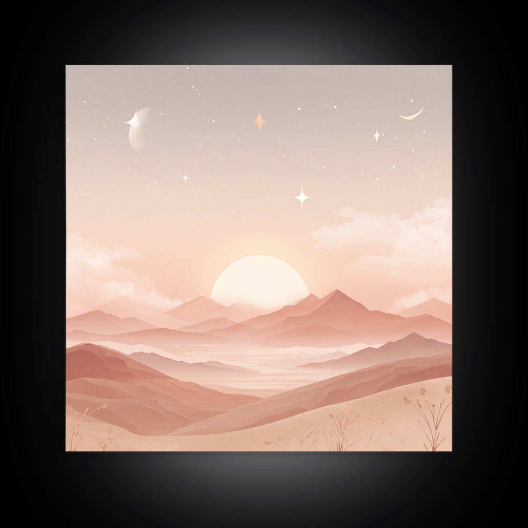 Peach Sunrise Mountains With Moon And Stars Wall Art, Minimalist Landscape Print, Celestial Nursery Decor, Above Bed Art
