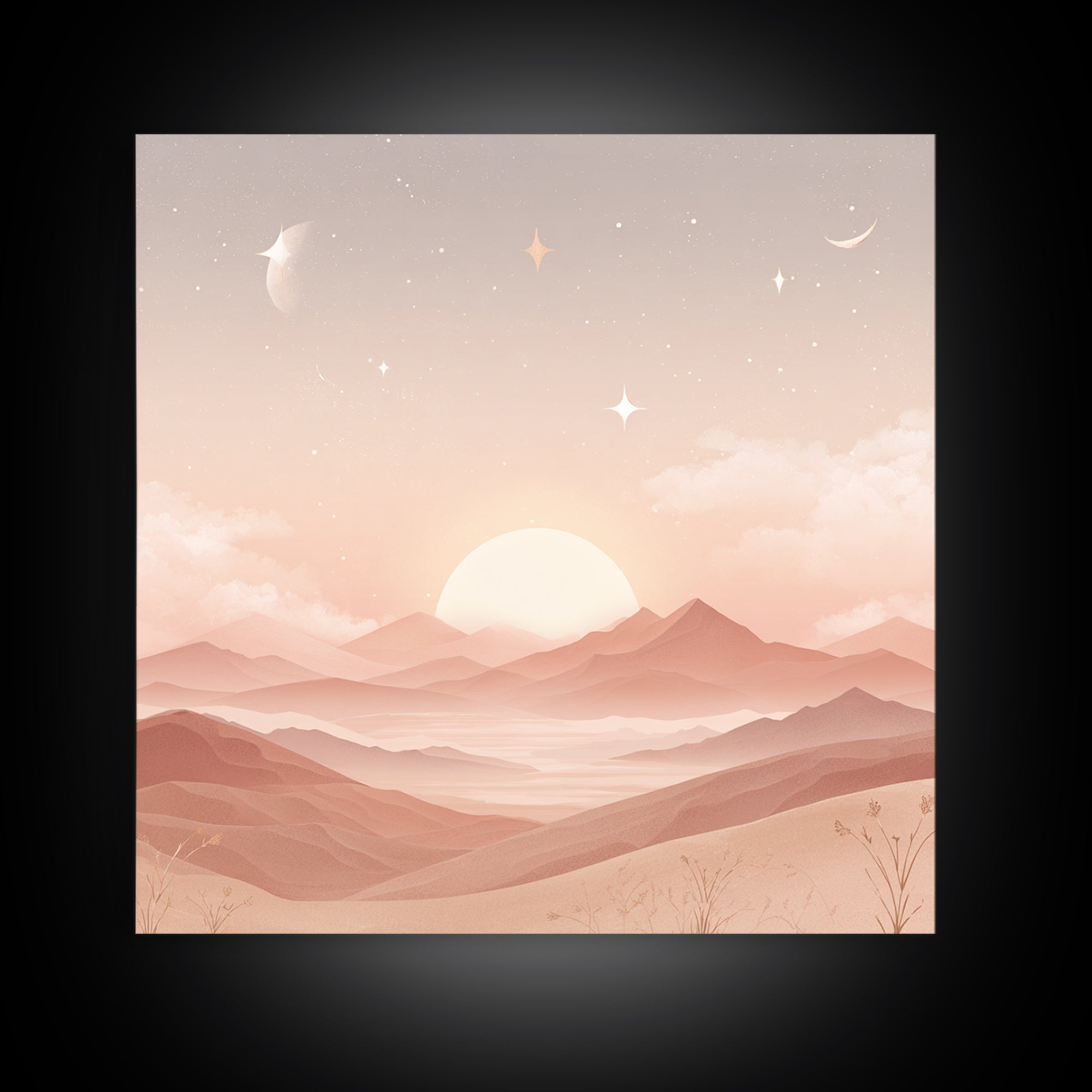 Peach Sunrise Mountains With Moon And Stars Wall Art, Minimalist Landscape Print, Celestial Nursery Decor, Above Bed Art