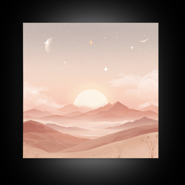 Peach Sunrise Mountains With Moon And Stars Wall Art, Minimalist Landscape Print, Celestial Nursery Decor, Above Bed Art