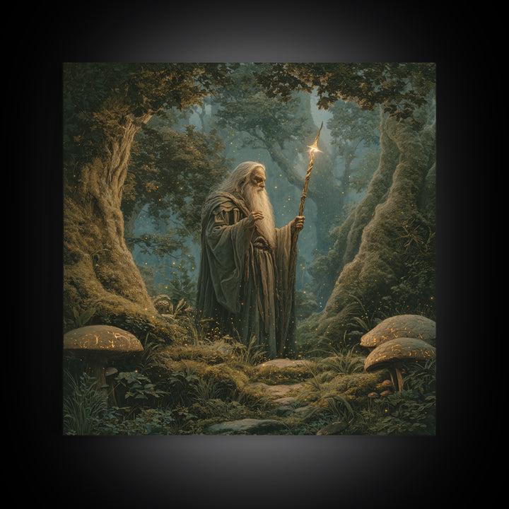 Ancient Wizard With Glowing Staff Framed Canvas Print, Fantasy Wall Art, Enchanted Forest Home Decor, Dark Academia Gift