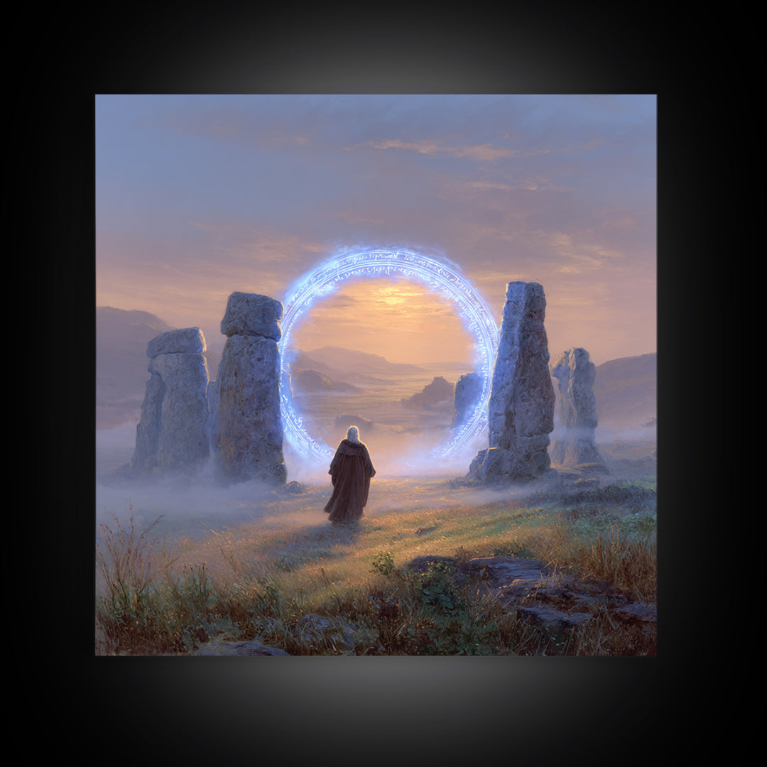 Glowing Rune Portal Between Ancient Stones Canvas Print, Fantasy Landscape Wall Art, Mystical Home Decor, Magic Gateway Art