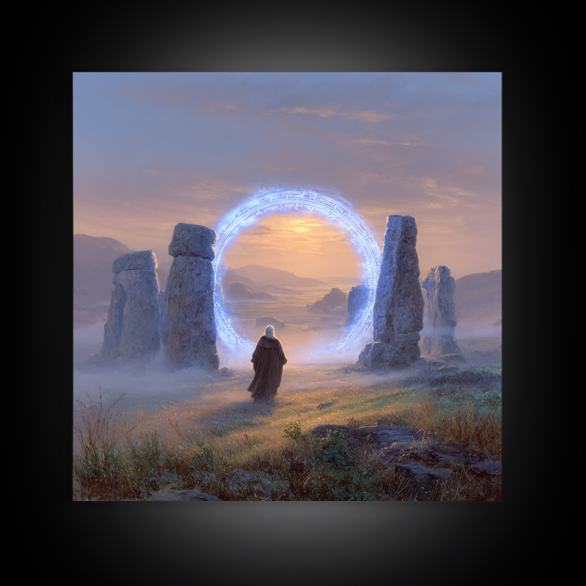 Glowing Rune Portal Between Ancient Stones Canvas Print, Fantasy Landscape Wall Art, Mystical Home Decor, Magic Gateway Art