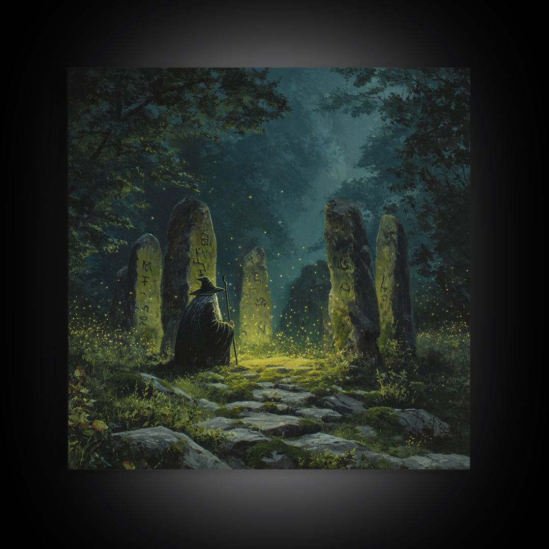 Dark Witch At Ancient Rune Stones Wall Art, Gothic Fantasy Canvas Print, Mystical Forest Decor, Dark Academia Poster Gift