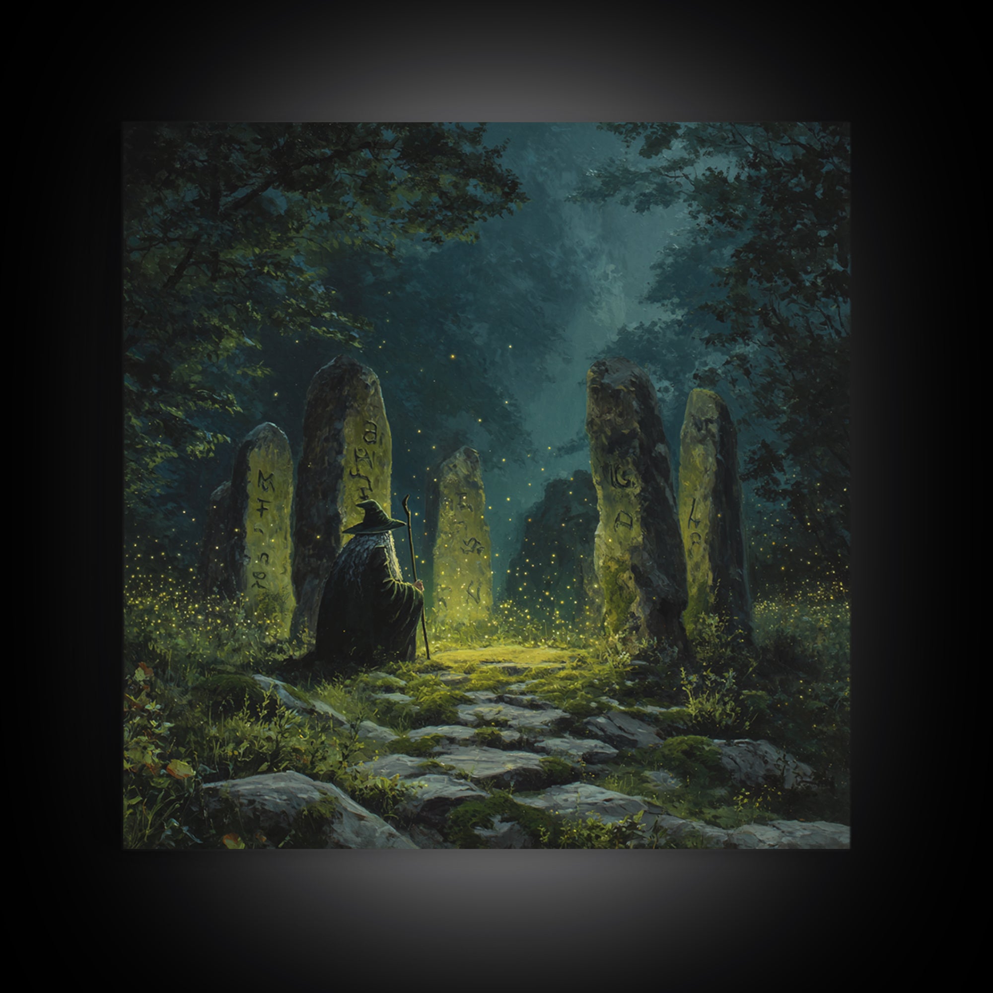Dark Witch At Ancient Rune Stones Wall Art, Gothic Fantasy Canvas Print, Mystical Forest Decor, Dark Academia Poster Gift