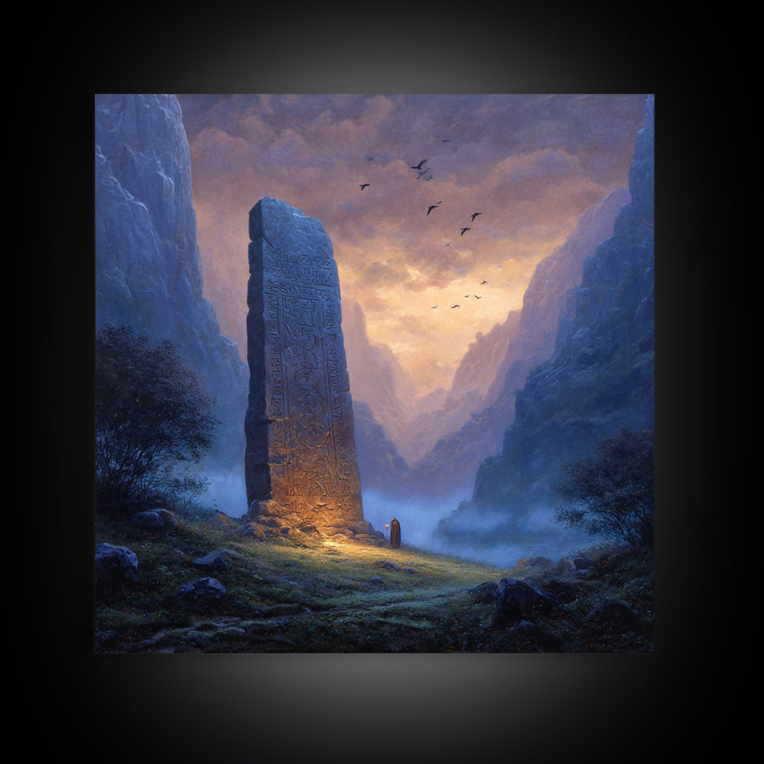 Carved Rune Monolith In Misty Mountain Valley Wall Art, Fantasy Landscape Canvas Print, Mystical Ancient Stone Home Decor