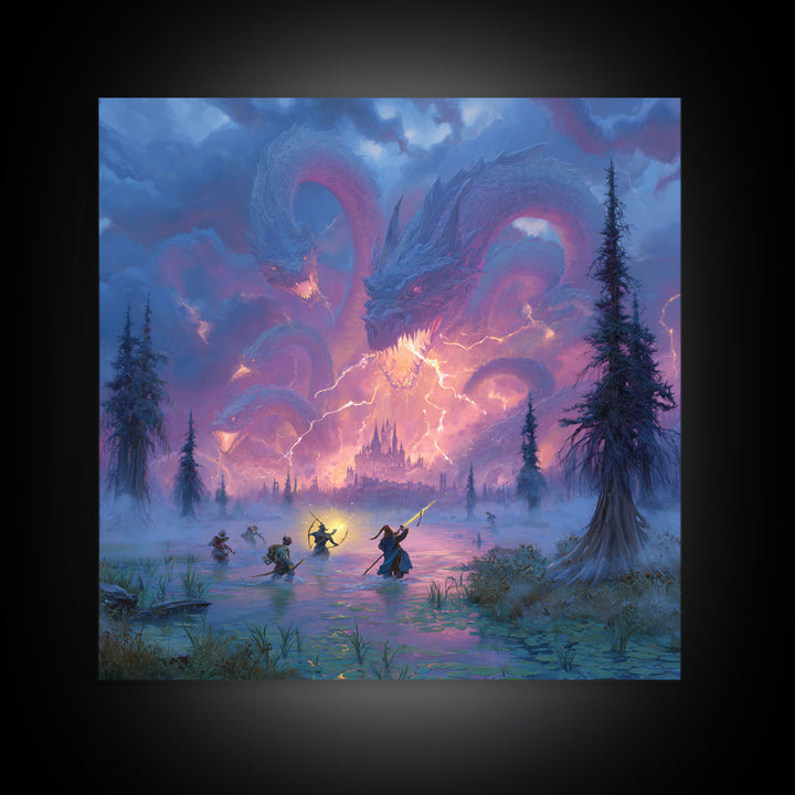 Epic Blue Dragon Battle Over Misty Castle Canvas Print, Fantasy Wall Art, Dungeons And Dragons Decor, Gamer Room Decor Gift