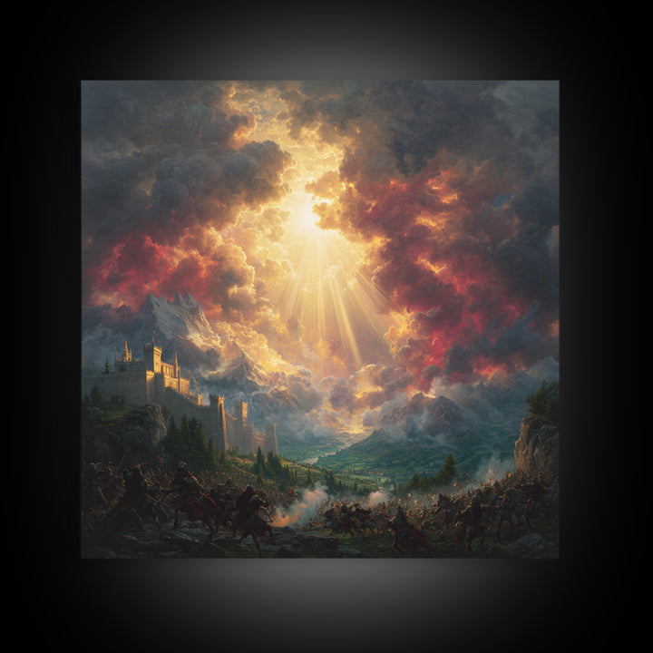 Heavenly Light Over Castle And Mountain Battlefield Wall Art, Epic Fantasy Canvas Print, Dramatic Landscape Home Decor Gift