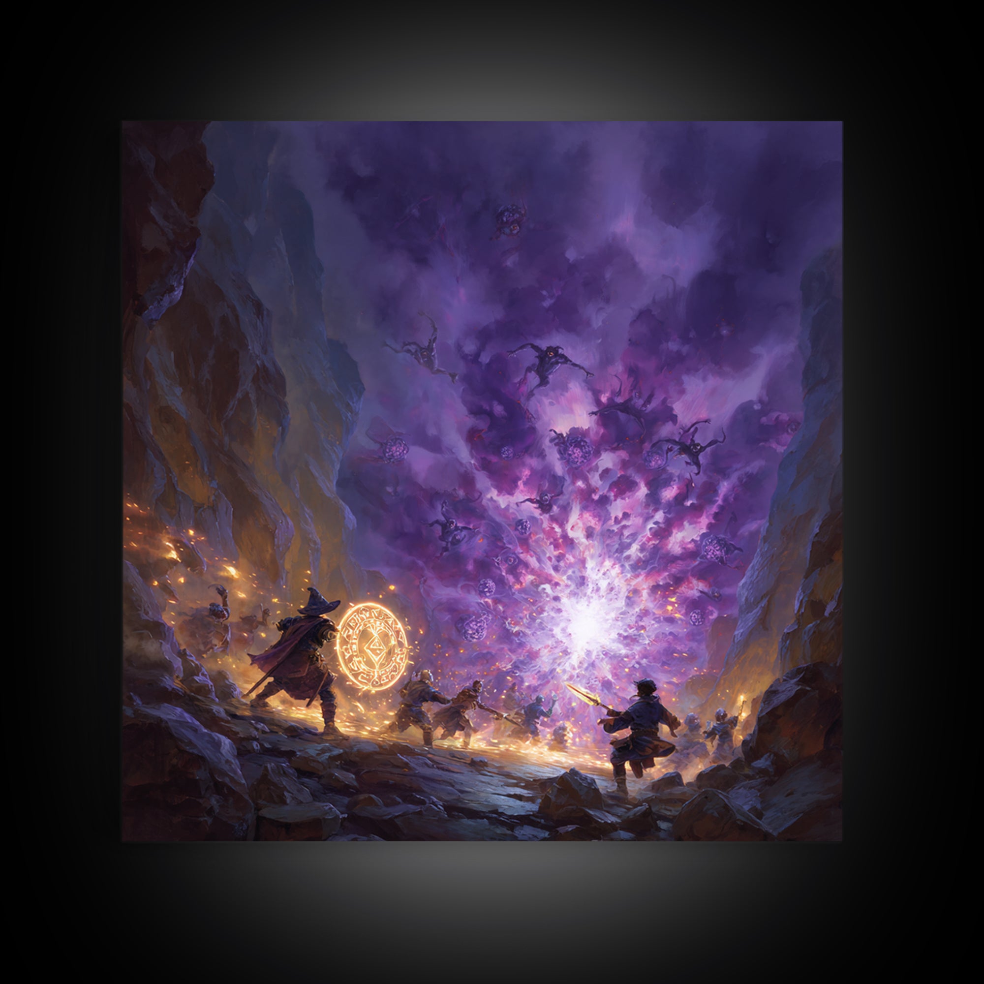 Wizard Party Fighting Purple Demon Portal Wall Art, Dark Fantasy Canvas Print, Dungeons And Dragons Game Room Decor Gift