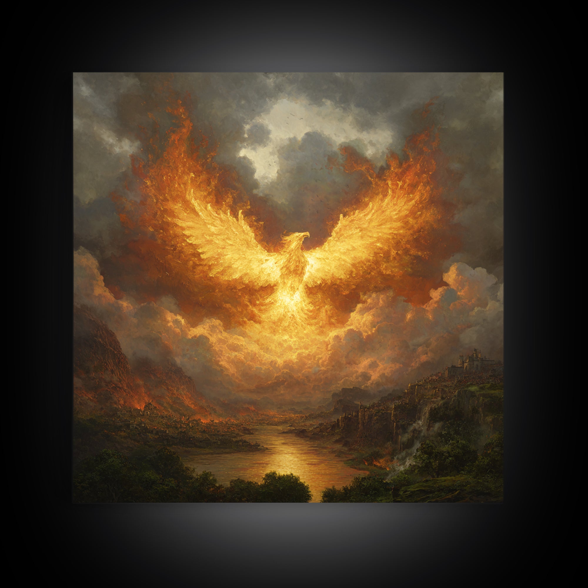 Fiery Phoenix Rising Above Stormy Valley Wall Art, Mythical Fantasy Canvas Print, Dramatic Firebird Epic Home Decor Gift