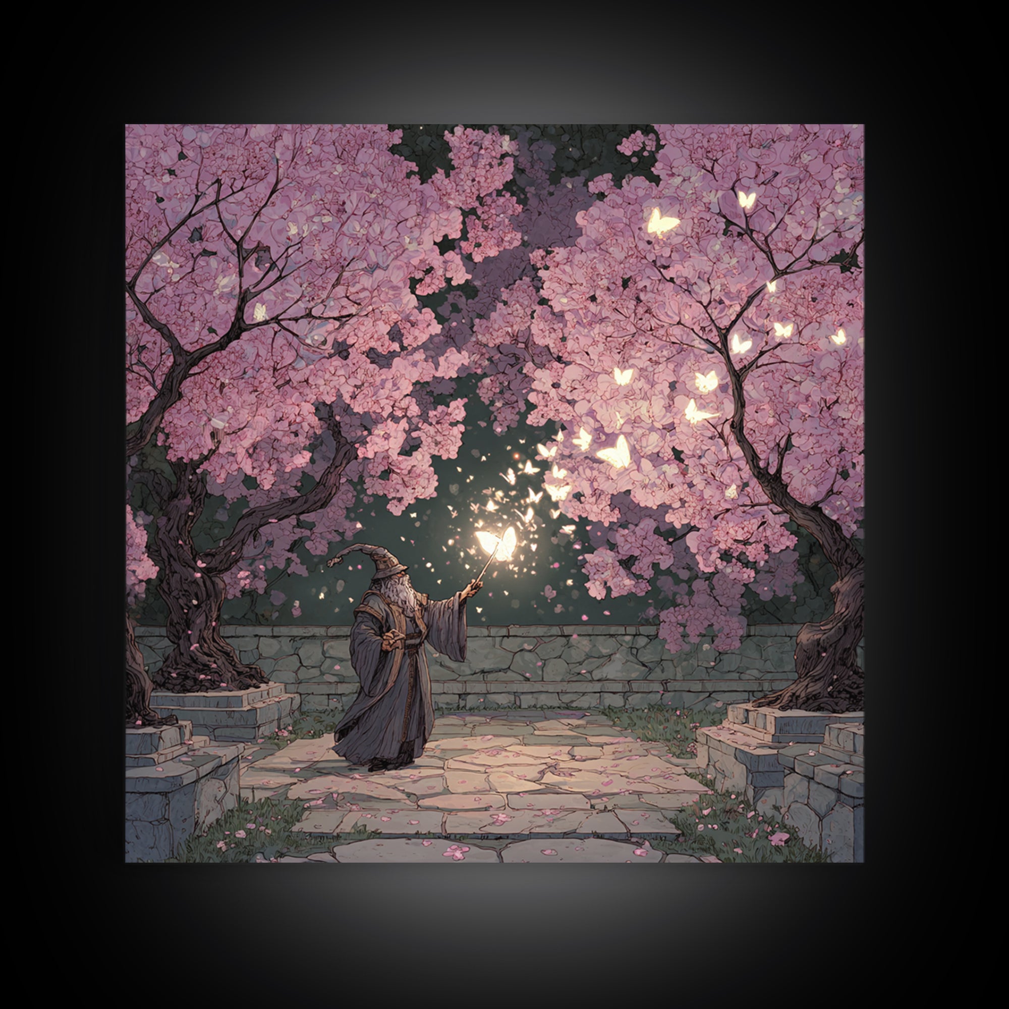 Wizard Casting Light Beneath Cherry Blossoms Canvas Print, Fantasy Wall Art, Pink Floral Magical Garden Home Decor, Unique Gift