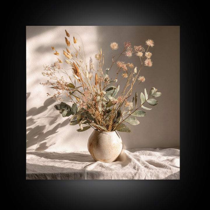 Sunlit Dried Eucalyptus Vase Wall Art, Neutral Botanical Canvas Print, Japandi Home Decor, Minimalist Bedroom Decor Gift For Her