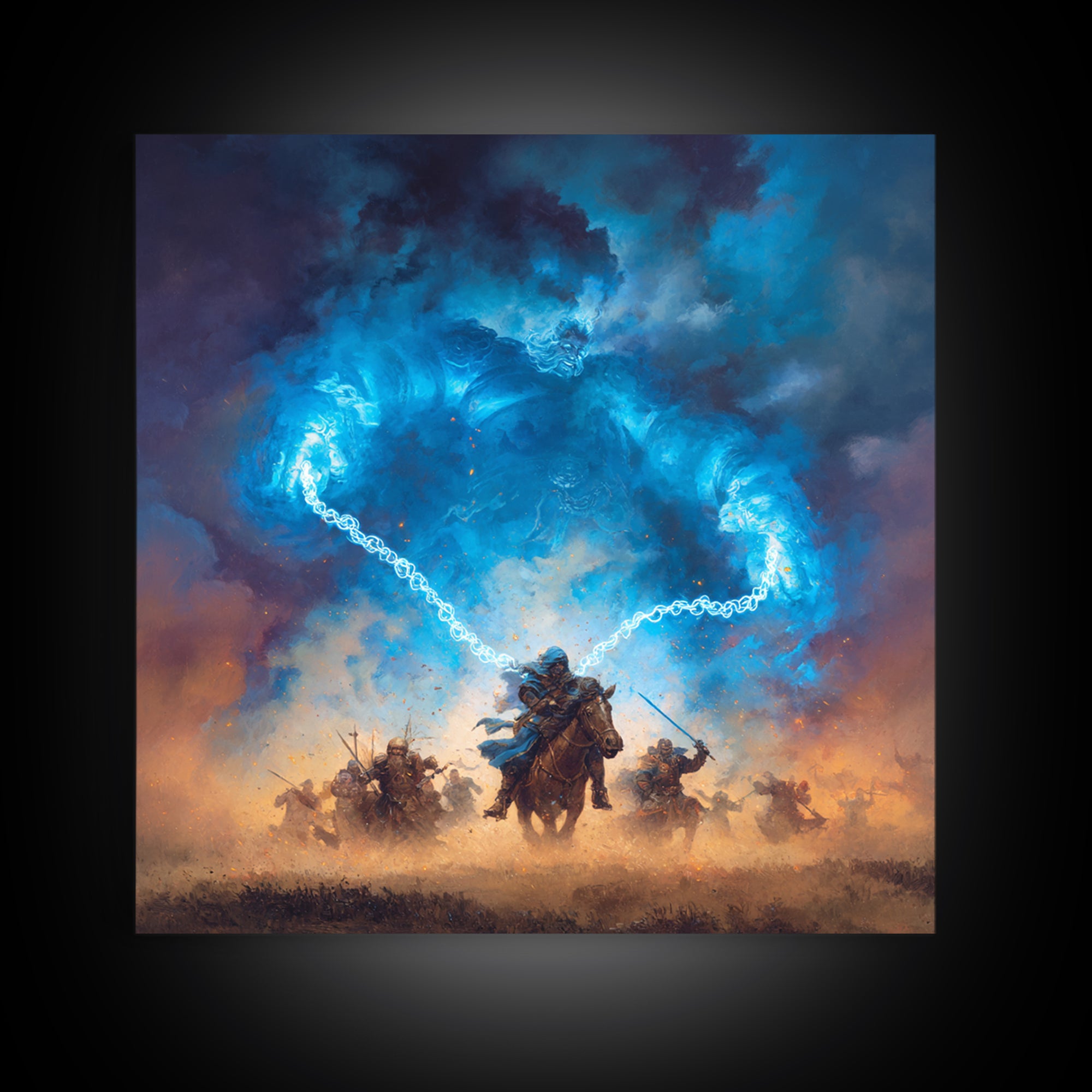 Blue Storm Giant Battle Wall Art, Epic Fantasy Canvas Print, Dark Wizard Decor, Medieval Warrior Gift, Moody Game Room Art