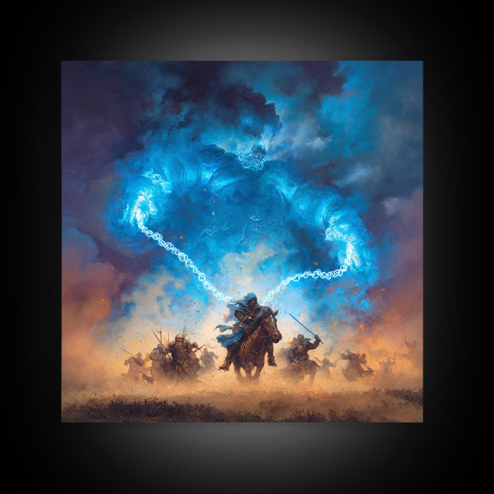Blue Storm Giant Battle Wall Art, Epic Fantasy Canvas Print, Dark Wizard Decor, Medieval Warrior Gift, Moody Game Room Art