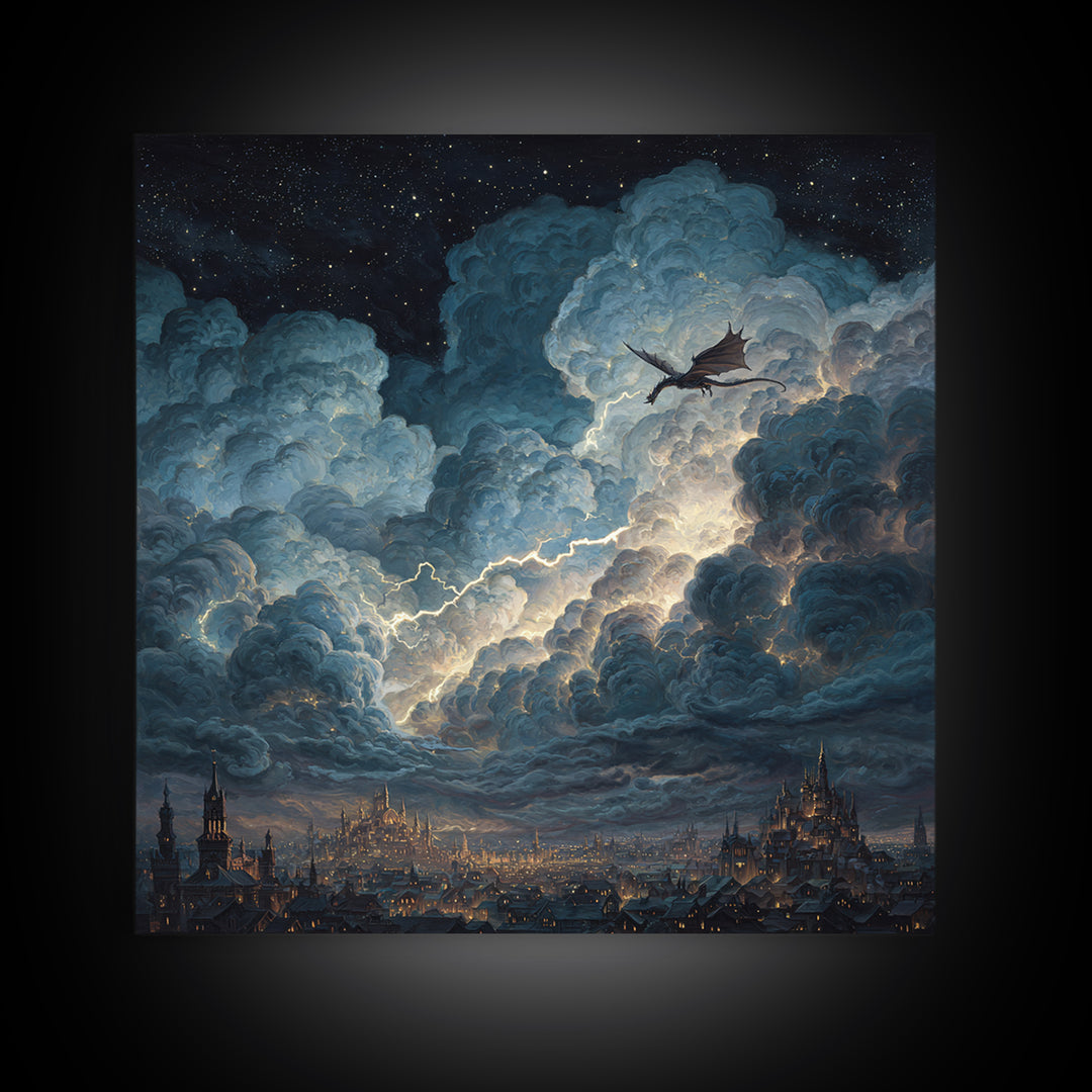 Night Dragon Storm Cloud Wall Art, Fantasy City Canvas Print, Gothic Castle Decor, Moody Sky Art, Gift For Dragon Lovers