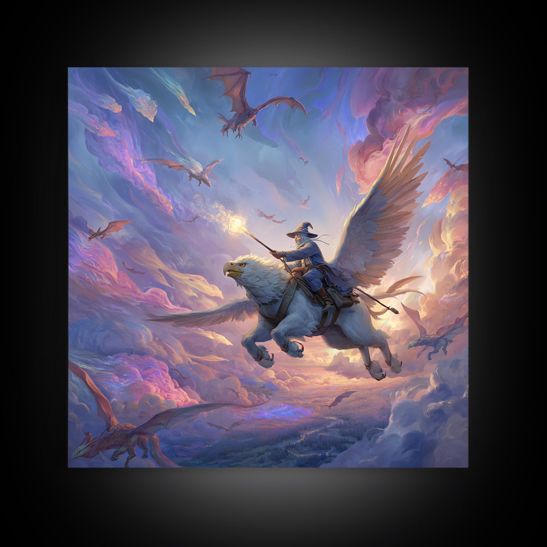 Griffin Rider Sky Battle Wall Art, Whimsical Fantasy Canvas Print, Pastel Dragon Decor, Magical Nursery Or Game Room Art