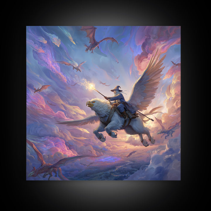 Griffin Rider Sky Battle Wall Art, Whimsical Fantasy Canvas Print, Pastel Dragon Decor, Magical Nursery Or Game Room Art