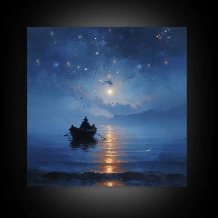 Moonlit Wizard Boat Wall Art, Blue Fantasy Seascape Canvas Print, Celestial Ocean Decor, Dreamy Bedroom Or Office Art Gift
