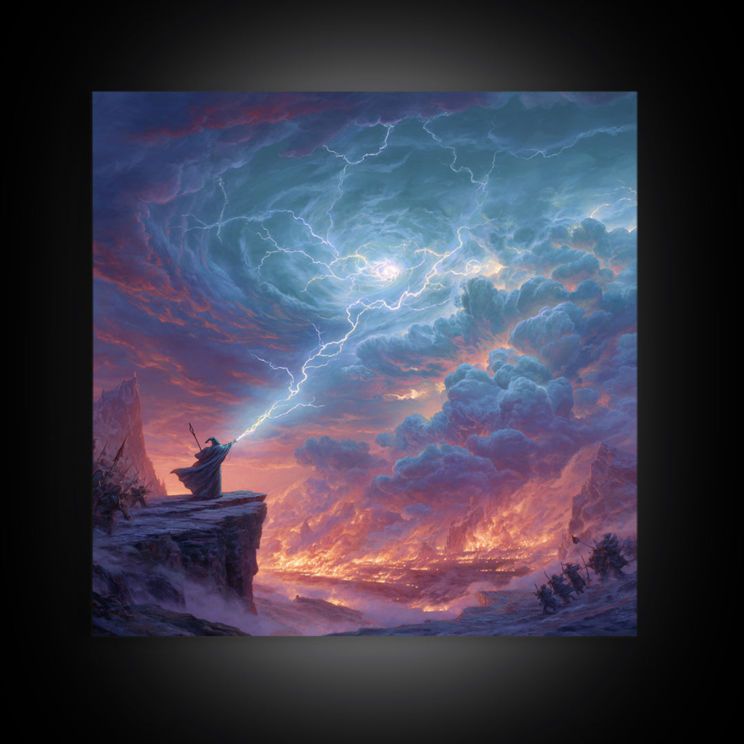 Lightning Wizard Cliff Wall Art, Epic Fantasy Storm Canvas Print, Dramatic Mountain Decor, Dark Magic Gift For Game Room