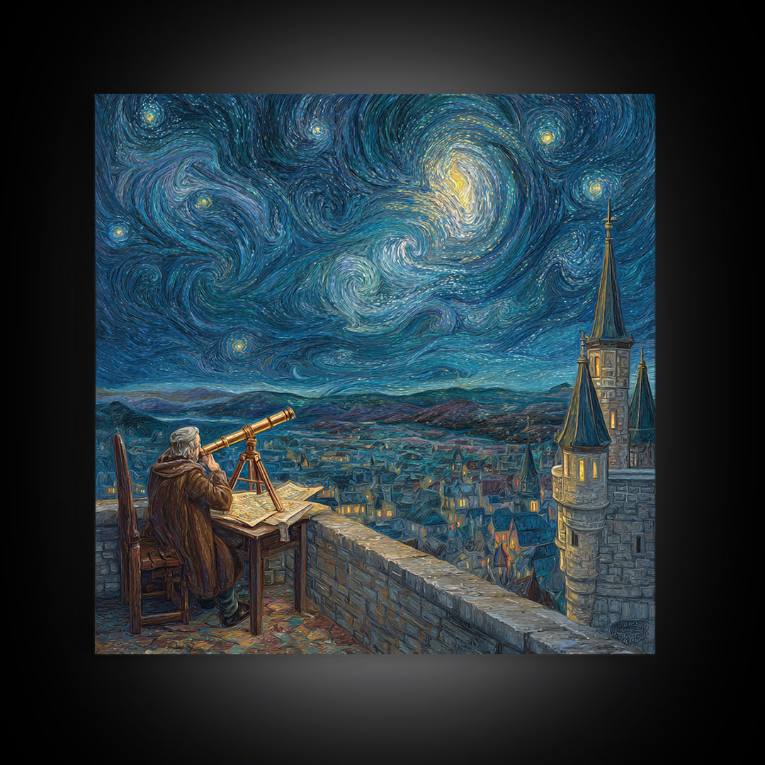 Starry Astronomer Tower Wall Art, Van Gogh Style Canvas Print, Celestial Medieval City Decor, Astronomy Gift For Office Decor