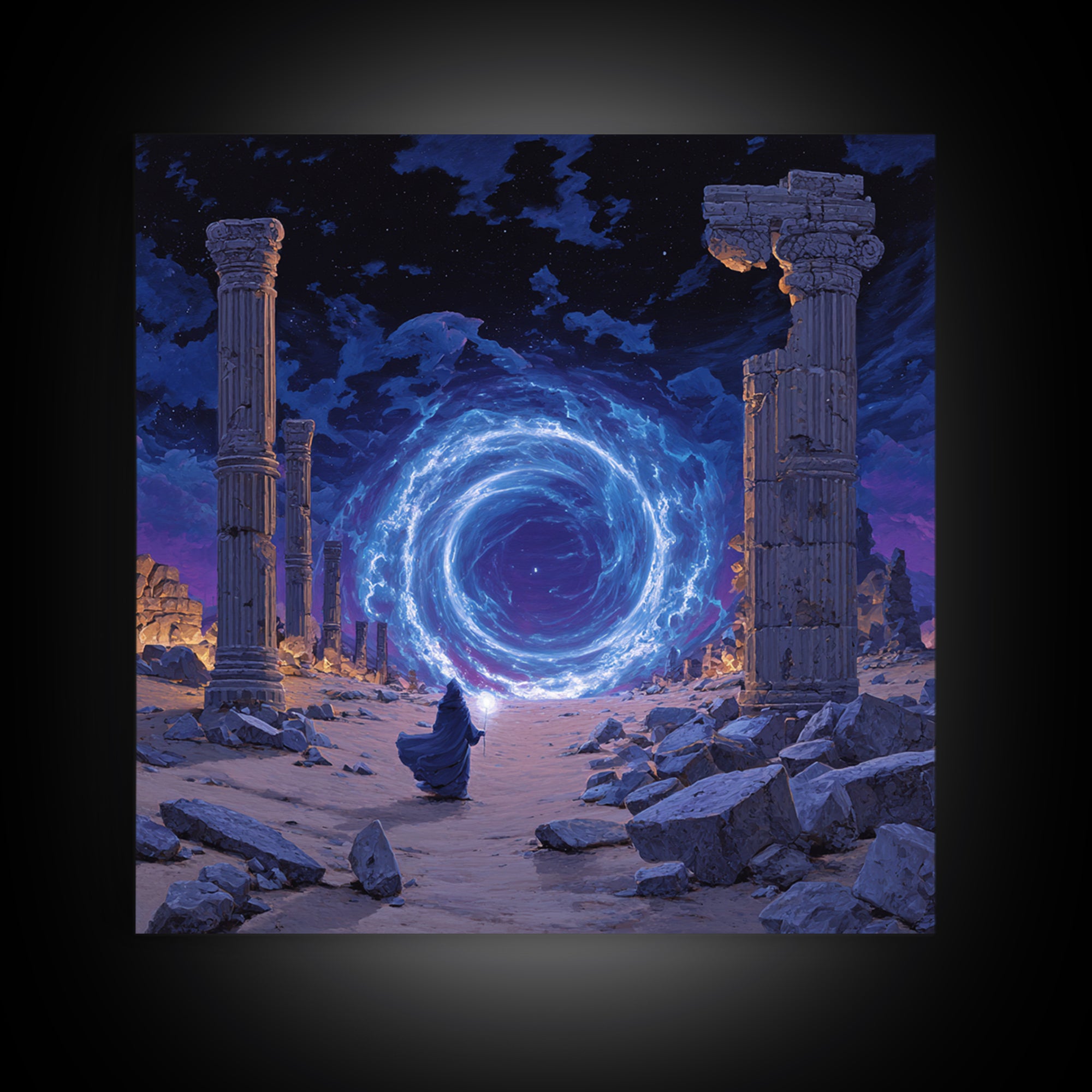 Ancient Ruins Magic Portal Wall Art, Blue Fantasy Canvas Print, Mystical Wizard Decor, Surreal Game Room Or Home Office Gift
