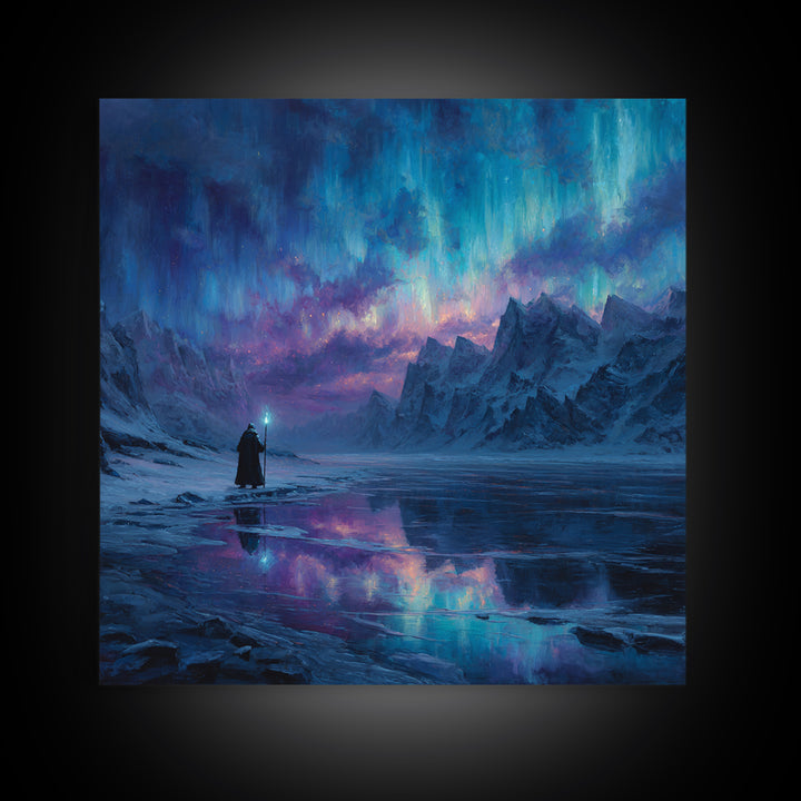 Aurora Mountain Wizard Wall Art, Frozen Fantasy Landscape Canvas Print, Northern Lights Decor, Moody Bedroom Or Office Gift