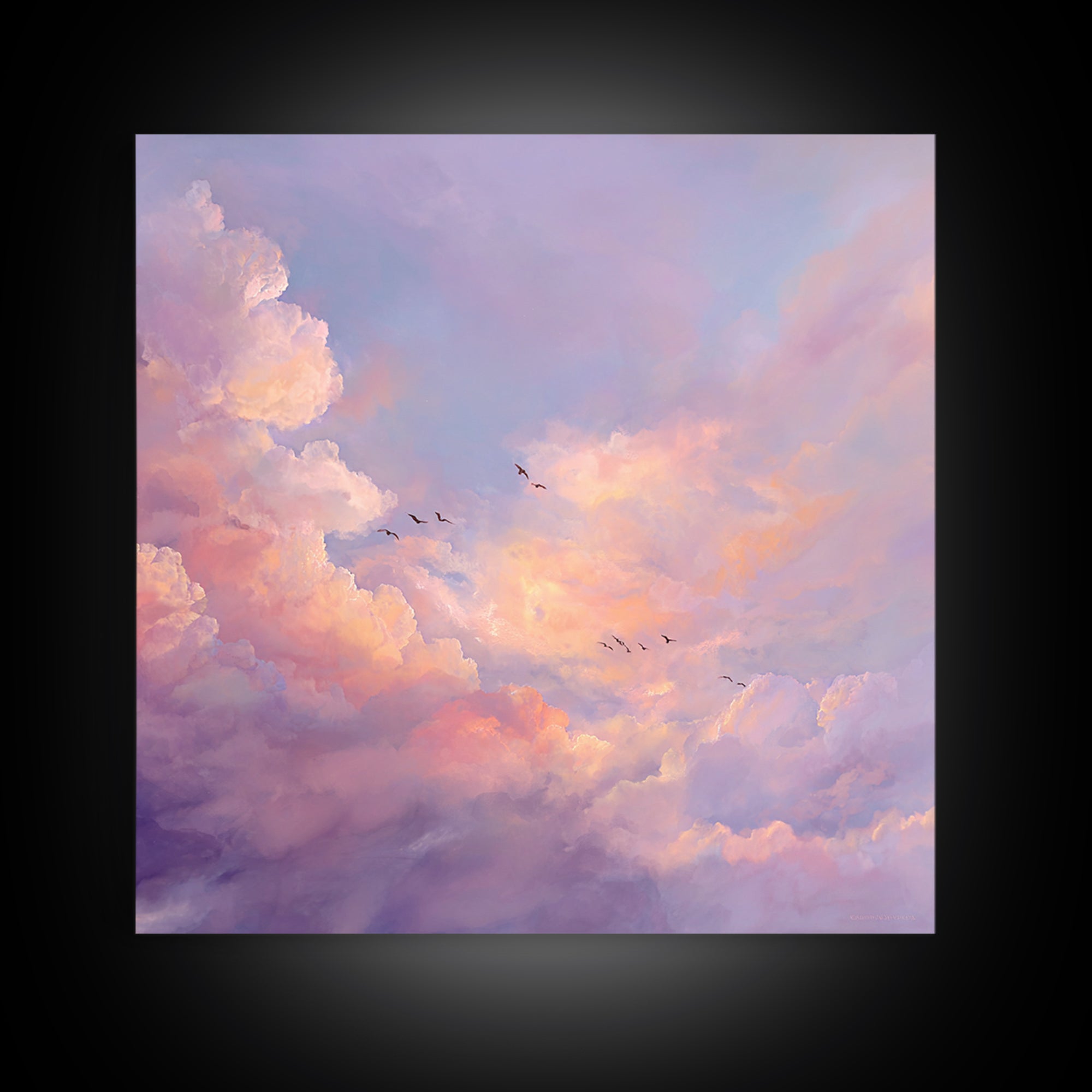 Blush Pink Cloudscape With Birds Framed Canvas Print, Pastel Sky Wall Art For Nursery Decor And Calming Bedroom Decor Gift