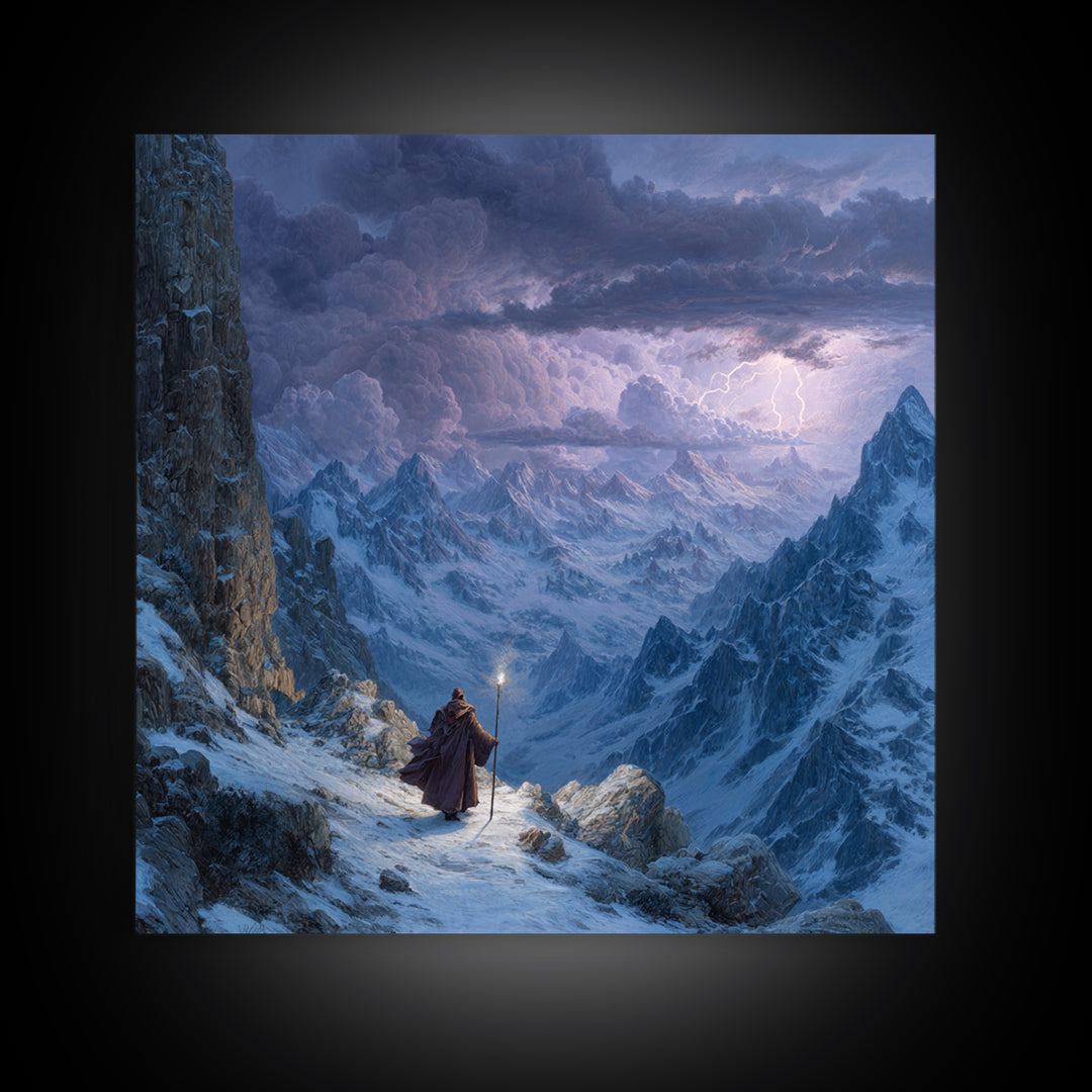 Wizard On Stormy Mountain Pass Wall Art, Fantasy Landscape Painting, Moody Alpine Adventure Decor, Large Living Room Art