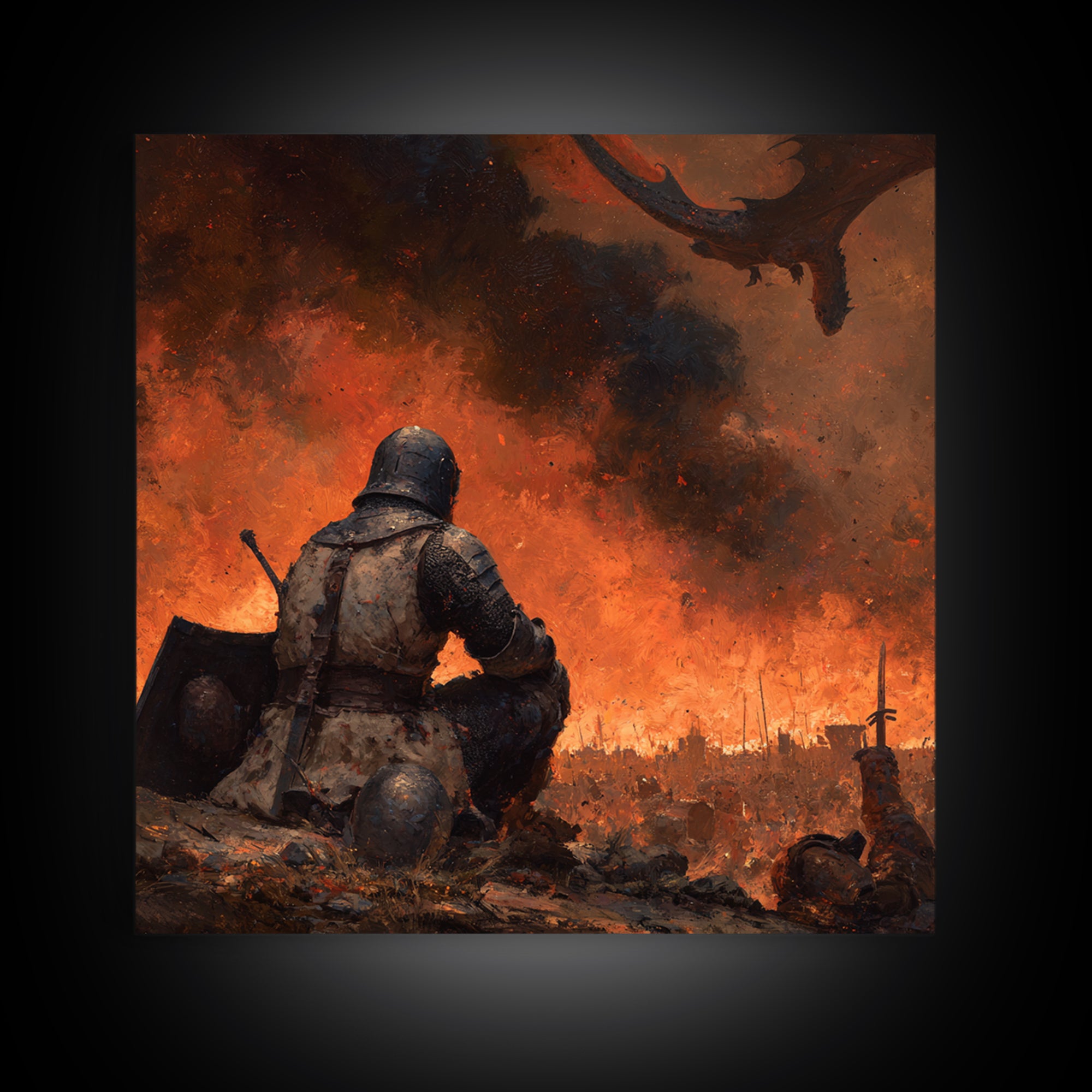 Kneeling Knight Before Dragon Canvas Print, Dark Fantasy Battle Painting, Medieval Warrior Wall Decor, Gothic Adventure Gift For Him