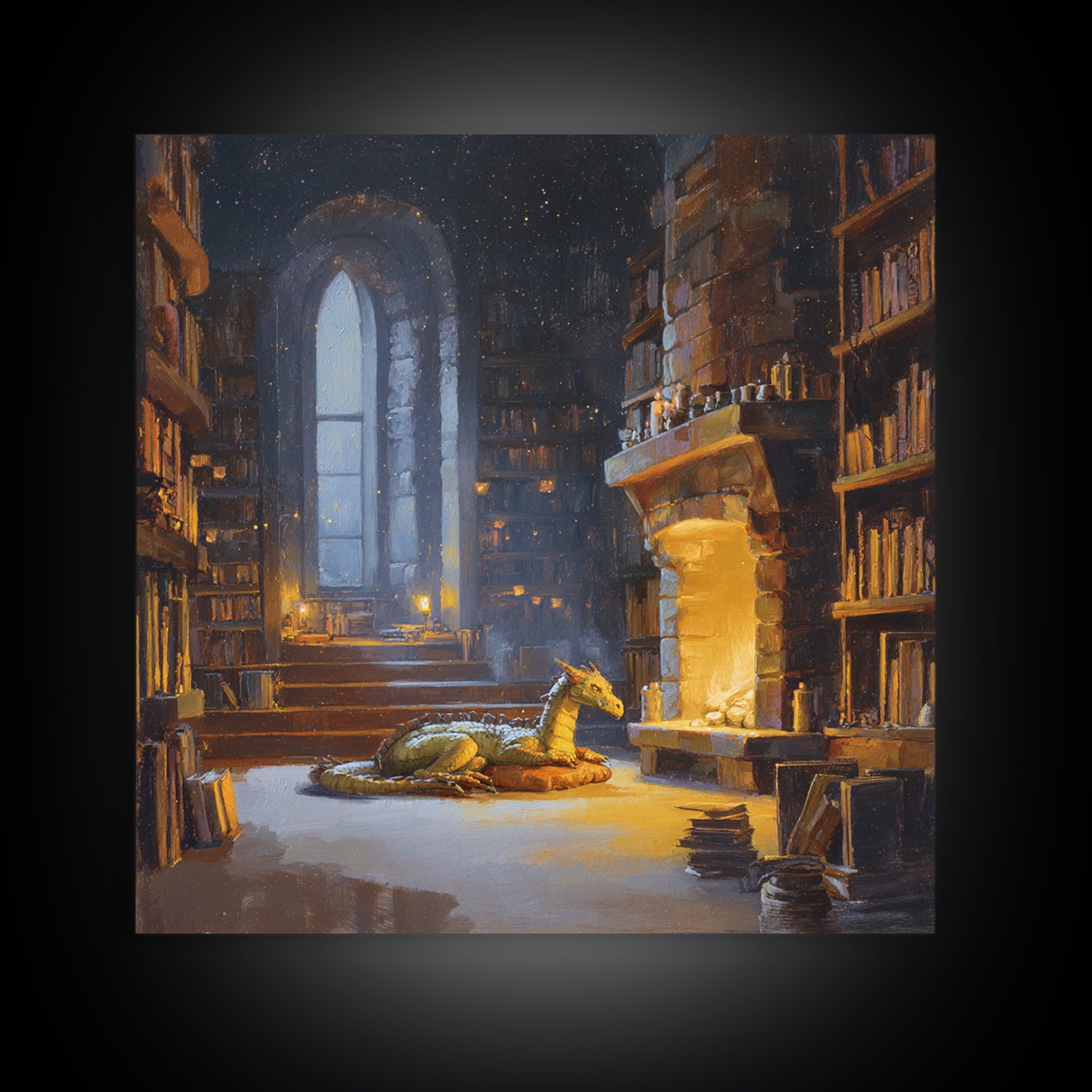 Sleeping Dragon In Magical Library Framed Canvas Print, Fantasy Bookish Wall Art, Cozy Reading Nook Decor Gift For Readers