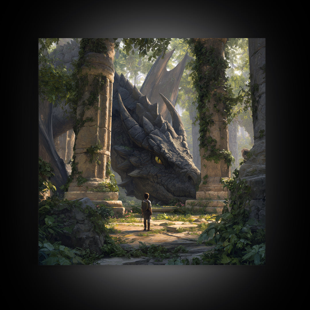 Giant Dragon In Overgrown Ruins Canvas Print, Fantasy Adventure Wall Art, Mythical Creature Decor, Kids Room Decor Gift Idea
