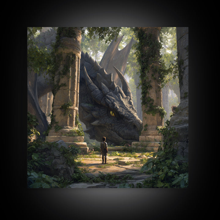 Giant Dragon In Overgrown Ruins Canvas Print, Fantasy Adventure Wall Art, Mythical Creature Decor, Kids Room Decor Gift Idea