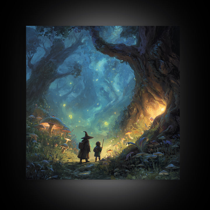 Wizard And Child In Enchanted Forest Wall Art, Whimsical Fantasy Painting, Mushroom Woodland Decor, Magical Kids Room Art