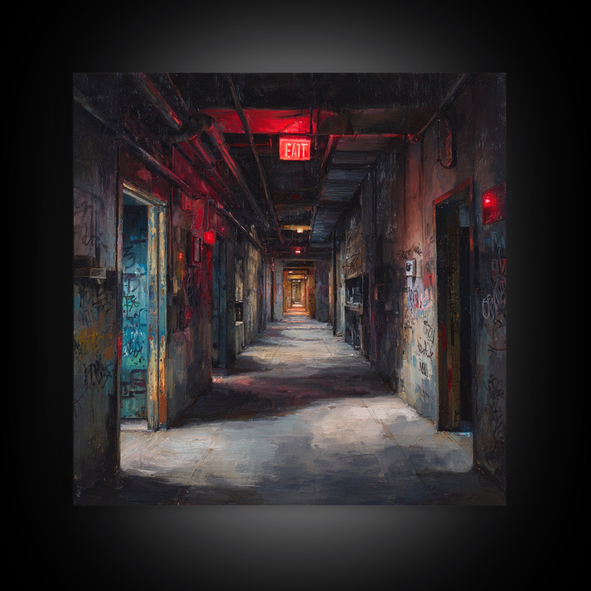 Dark Abandoned Corridor Wall Art, Moody Urban Exploration Painting, Industrial Gothic Decor, Graffiti Hallway Office Art